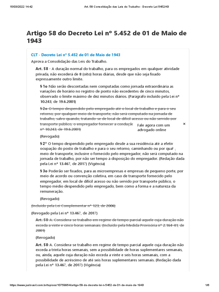 Art. 58 Consolidação Das Leis Do Trabalho - Decreto Lei 5452 - 43 | PDF ...