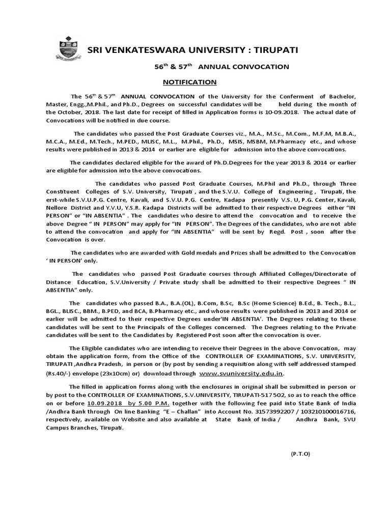 Sri Venkateswara University Convocation Notification | PDF ...