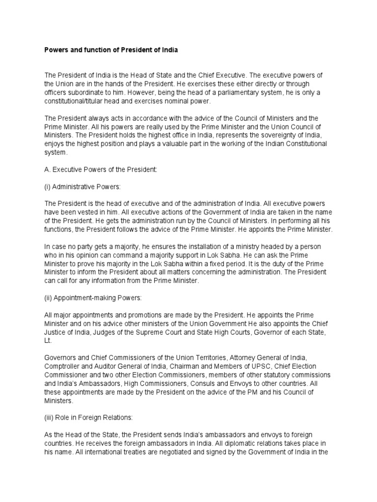 Powers and Functions of India's President | PDF | Government Of India ...