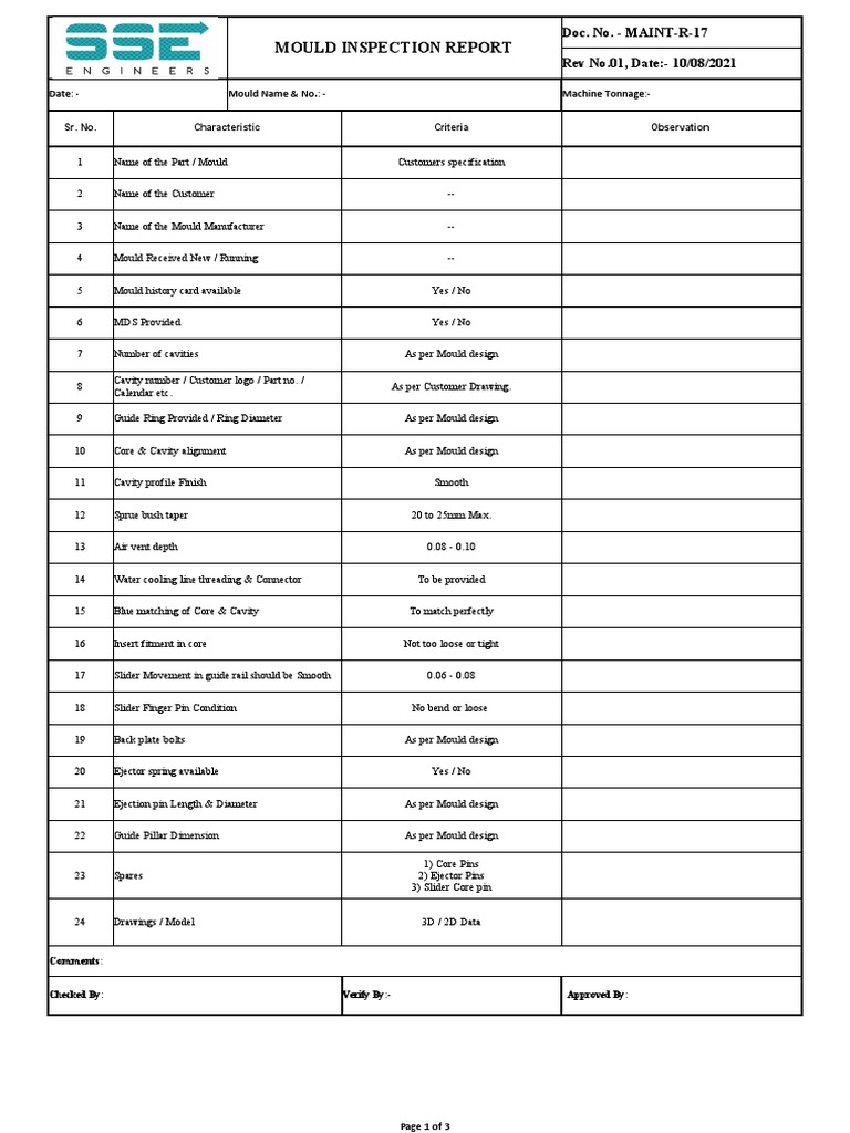 Die Inward Inspection Report | PDF