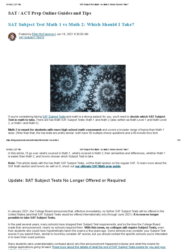 SAT Subject Test Math 1 Vs Math 2 Which Should I Take PDF