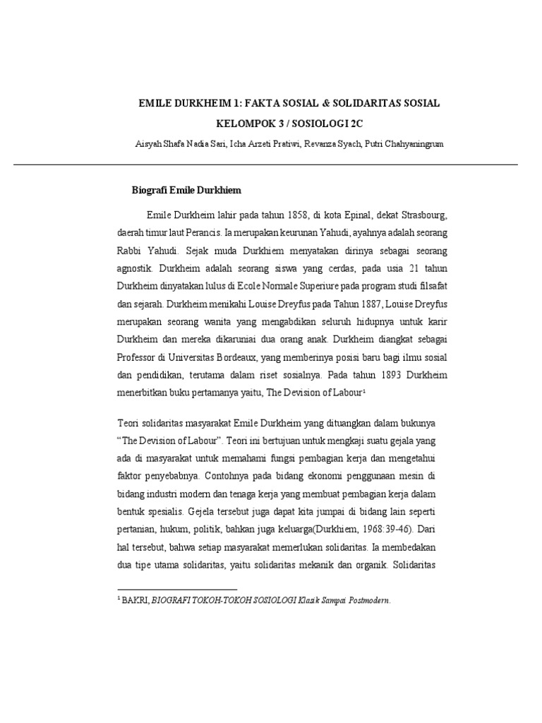Emile Durkheim 1 Fakta Sosial Dan Solidaritas Sosial PDF