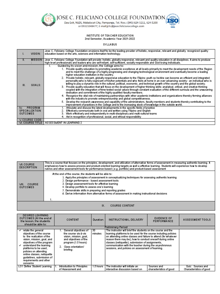 Assessment in Learning 2 Syllabus | PDF | Educational Assessment ...