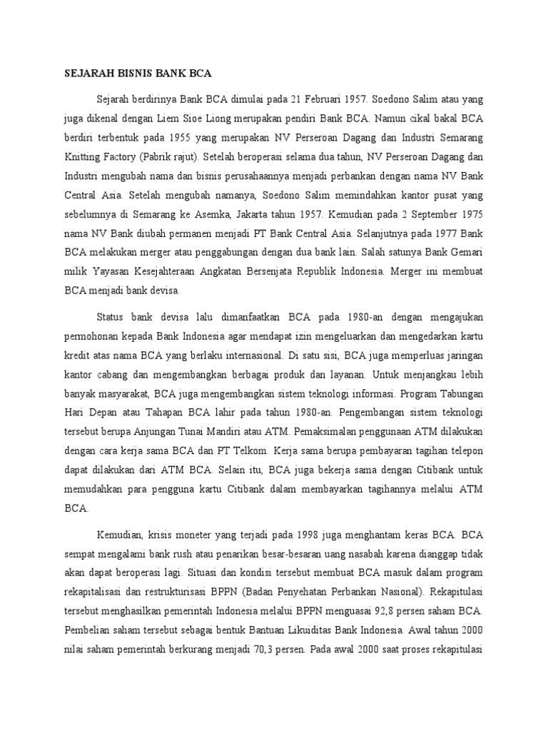 Sejarah Bca Pdf Pengelolaan Keuangan Uang