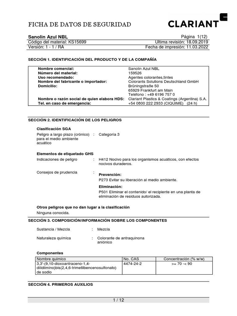 Clariant SDS Sanolin Blue NBL Argentina Spanish PDF