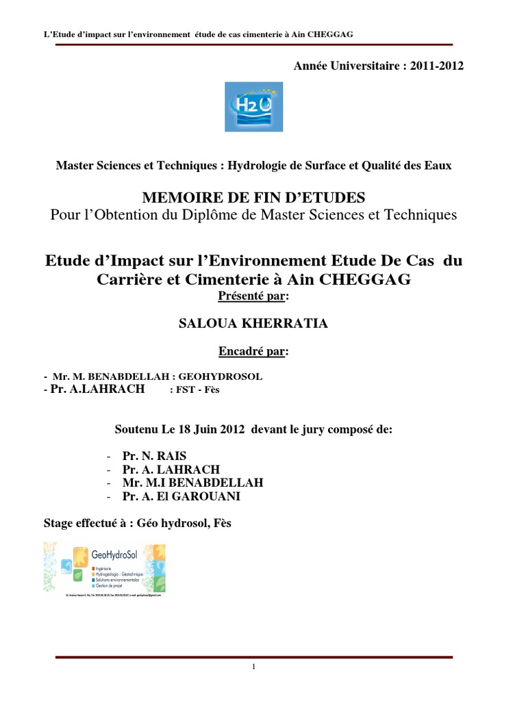 Etude D'impact Sur L'environnement Etude de Cas Du Carrière Et ...