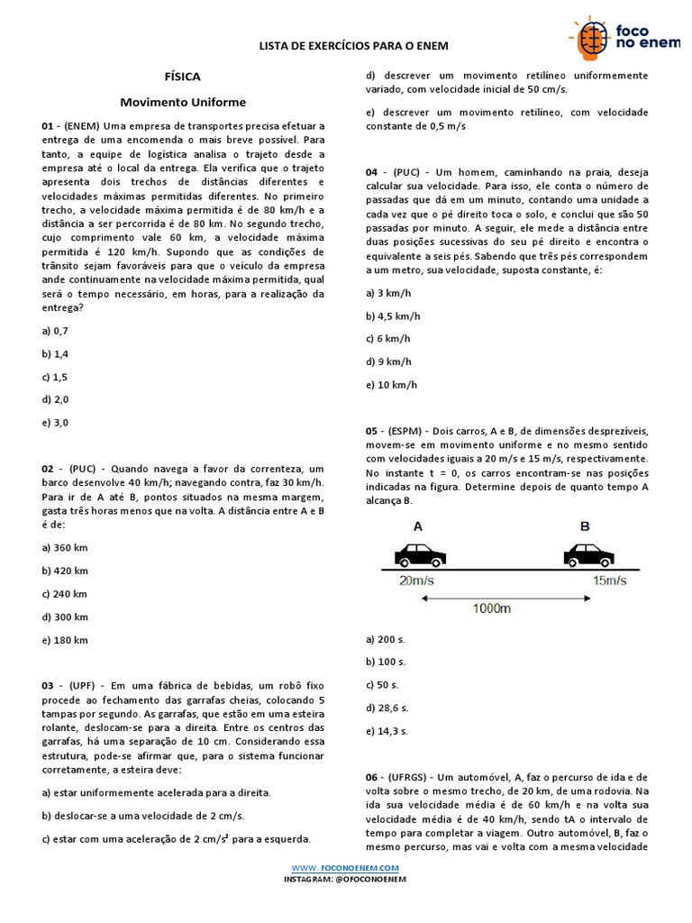 Exercícios de Movimento Uniforme ENEM | PDF | Velocidade | Tempo