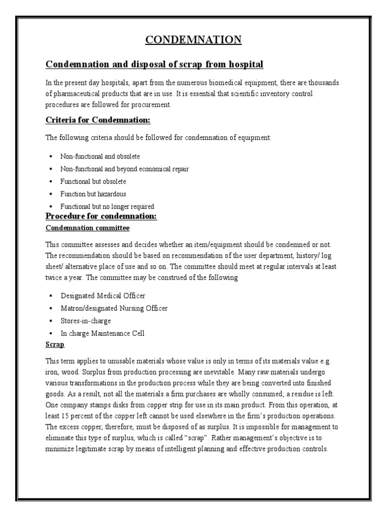 Condemnation: Condemnation and Disposal of Scrap From Hospital | PDF ...