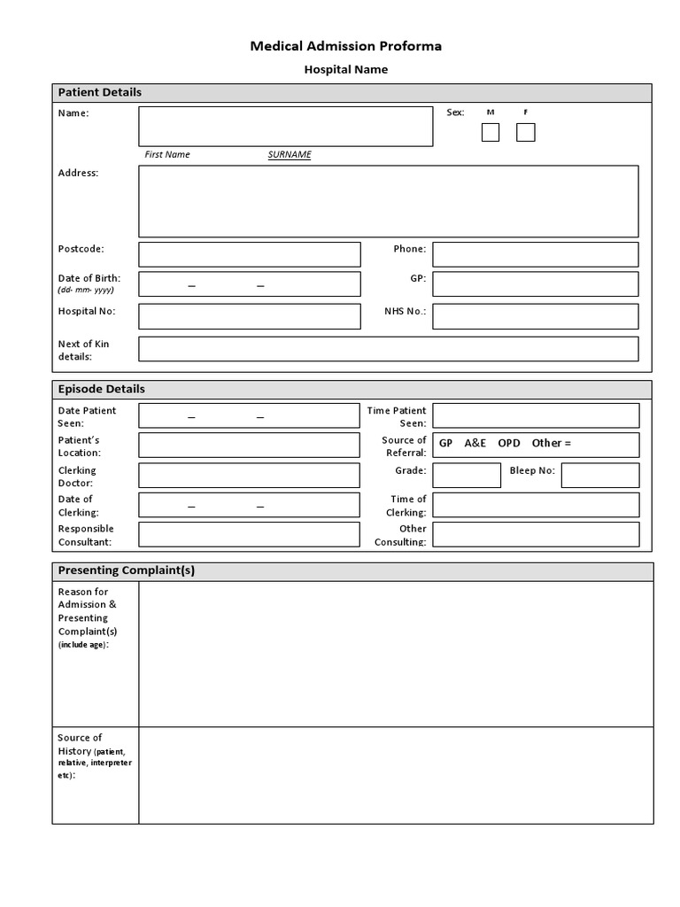Medical Admission Proforma Template | PDF | Patient | Hospital