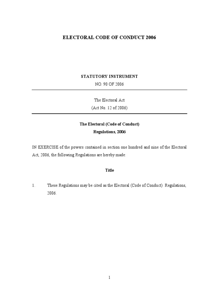 Zambia Electoral Code of Conduct Regulation 2006 | PDF | Opinion Poll