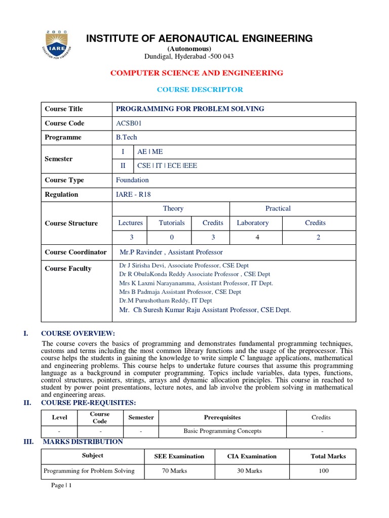 Programming for Problem Solving Course | PDF | Subroutine | Pointer ...