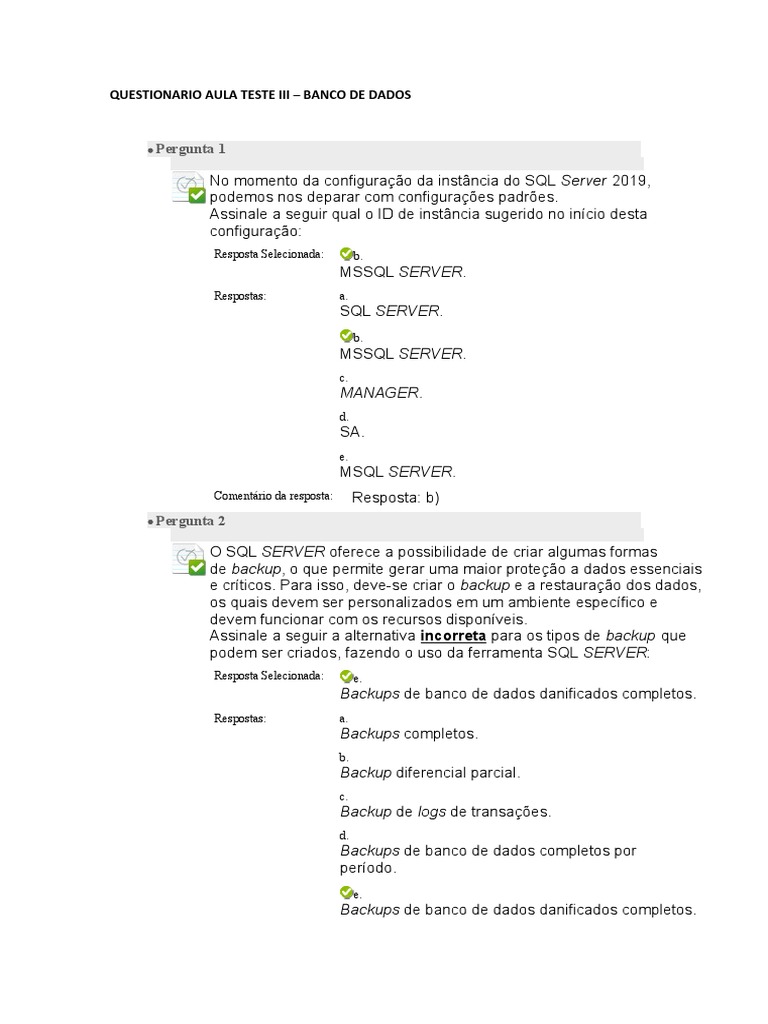 Questões sobre SQL Server 2019 | PDF | Microsoft SQL Server | Bancos de ...
