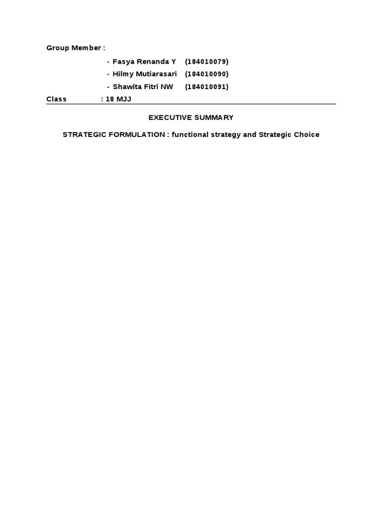 Chapter 8 Strategy Formulation Functional Strategy and Strategic Choice ...