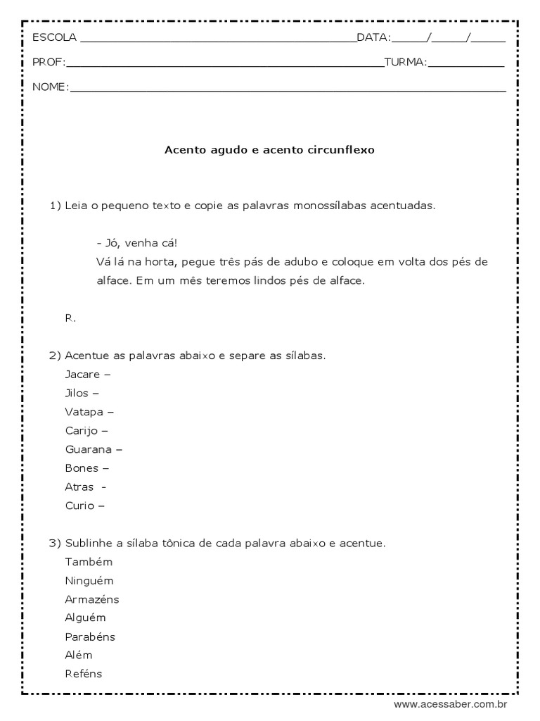 Acento Agudo e Acento Circunflexo 3 Ano para Imprimir | PDF