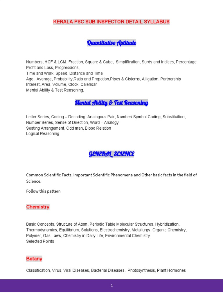 Sub Inspector Syllabus | PDF | Science | Chemistry