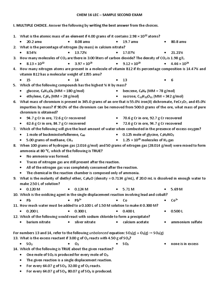 Chem 16 Lec - Sample Second Exam I. MULTIPLE CHOICE. Answer The ...