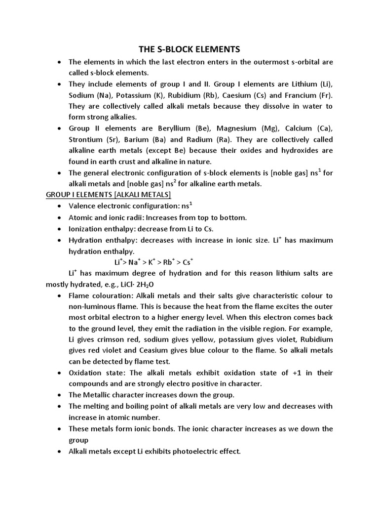 The S Block Elements PDF PDF Sodium Hydroxide Sodium Carbonate