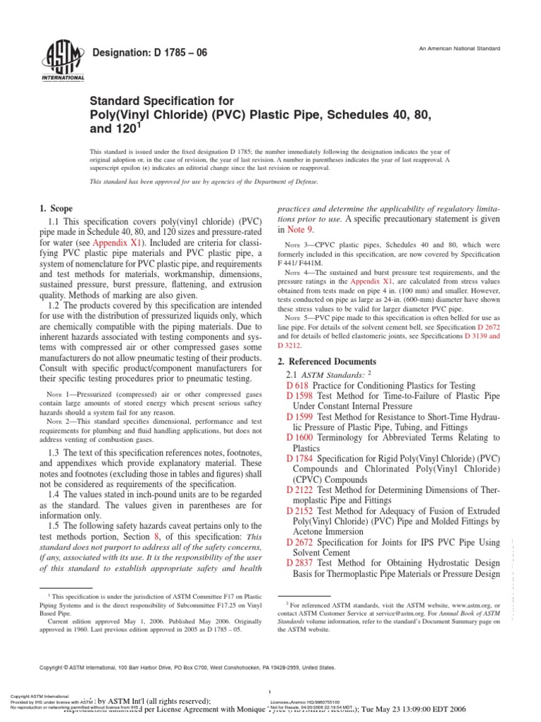 ASTM D 1785 Standard Specification For PVC Pipes, Schedules 40, 80