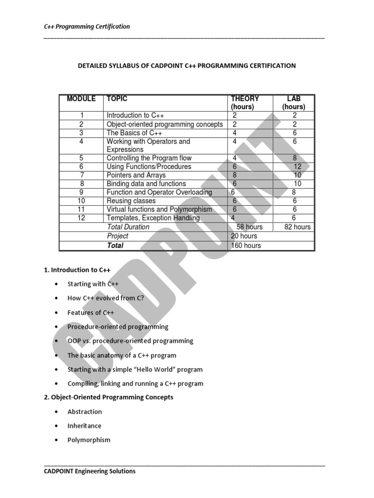 Detailed Syllabus of Cadpoint C++ Programming Certification: Topic ...