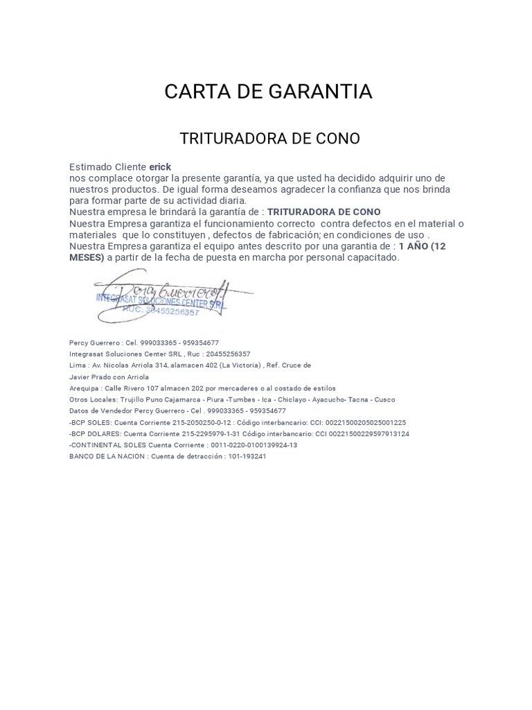 Carta de Garantia PDF