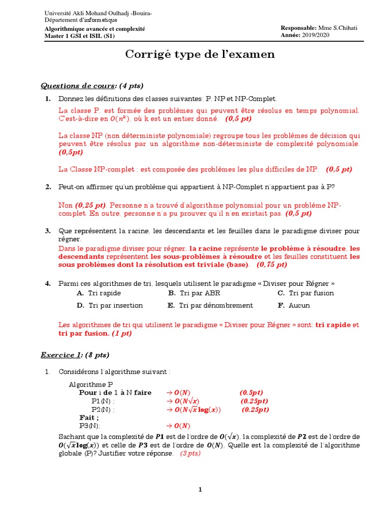 Corrigé Examen Algorithmique Avancée | PDF | Théorie de la complexité ...