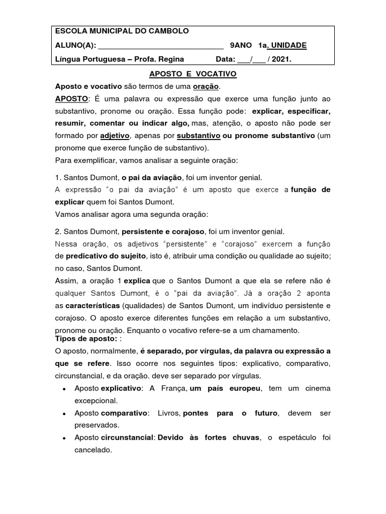 3a Unidd LP 8 Ano APOSTO E VOCATIVO ATIVIDDS | PDF | Pronome | Assunto ...