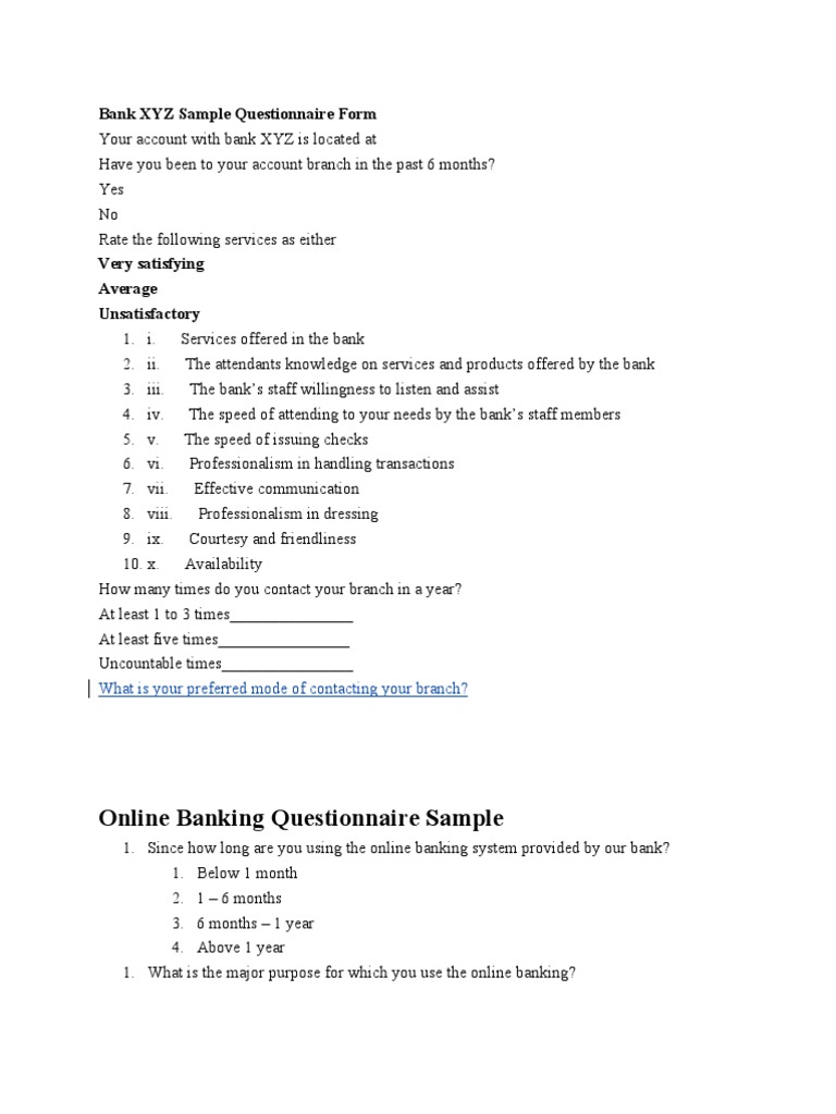 Bank XYZ Sample Questionnaire Form Online Banking Banks & Banking
