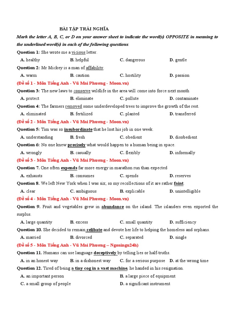 Antonyms in English A Collection of Questions to Identify Opposite