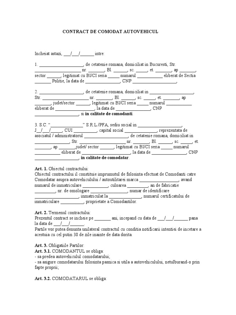 Contract de Comodat Auto | PDF