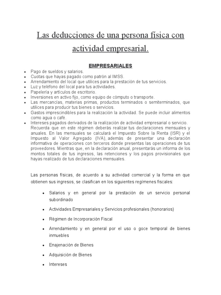 Deducciones para Personas Físicas Empresariales | PDF | Impuesto sobre ...