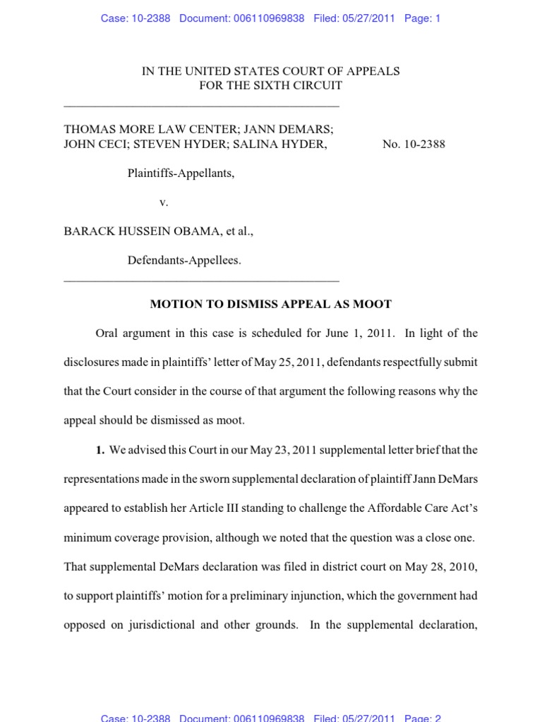 U.S. Motion to Dismiss As Moot in the 6th Circuit Health Care Case 52711 Standing (Law