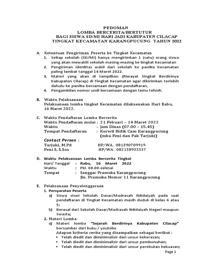 Pedoman Lomba Bercerita Bagi Siswa SD 2022 | PDF | Karier & Perkembangan