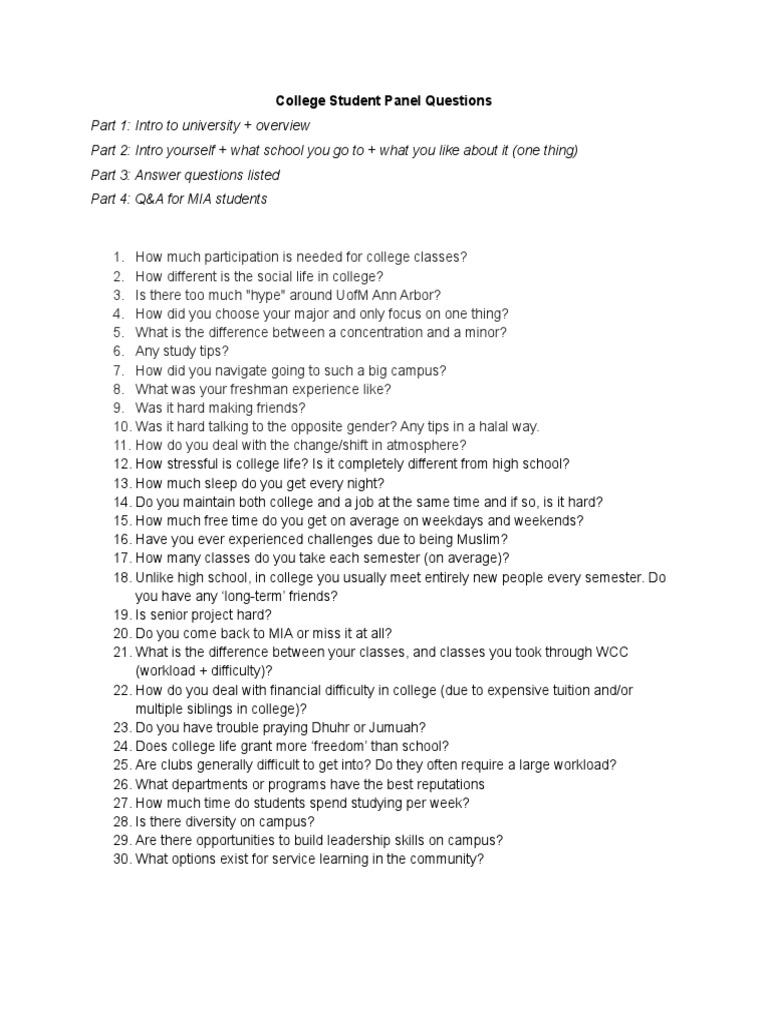 College Student Panel Questions Plan PDF