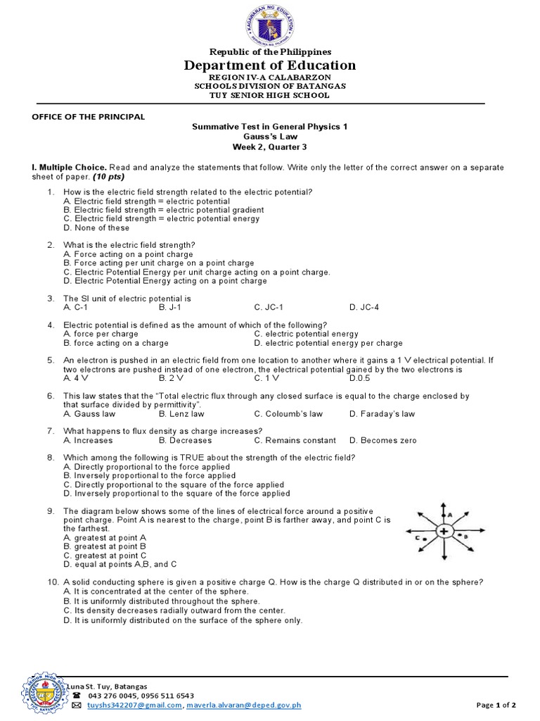 General Physics Summative Test Q3 Wk 2 Pdf Electric Field Force