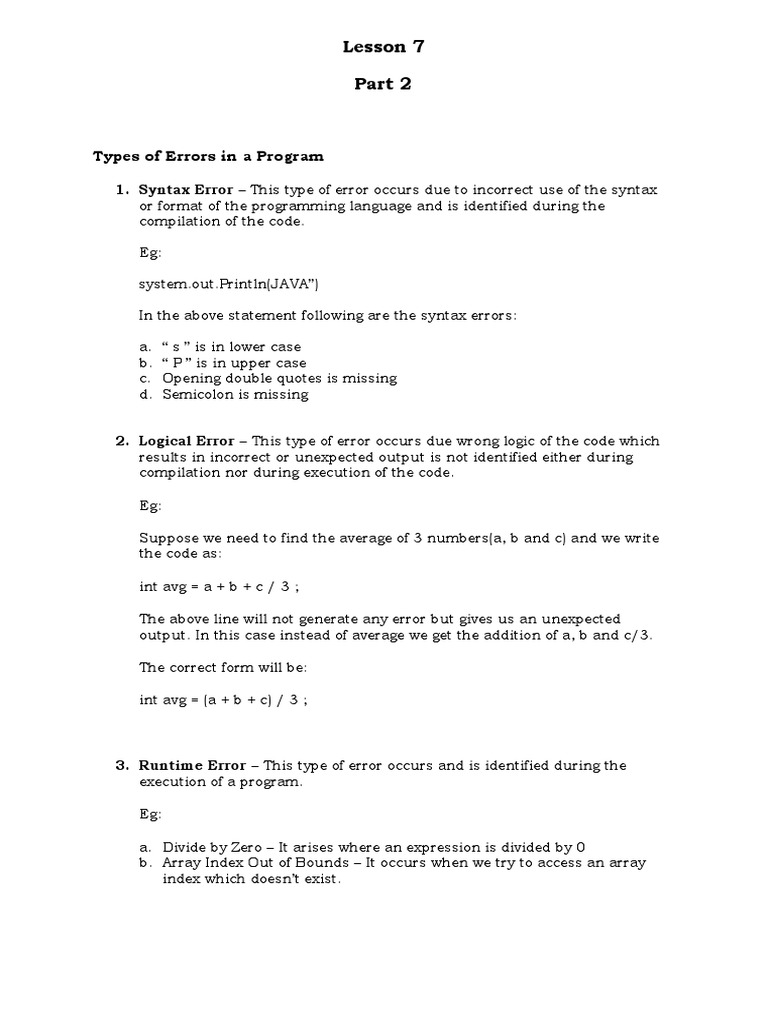 Types of Errors in A Program: Lesson 7 | PDF | Java (Programming ...