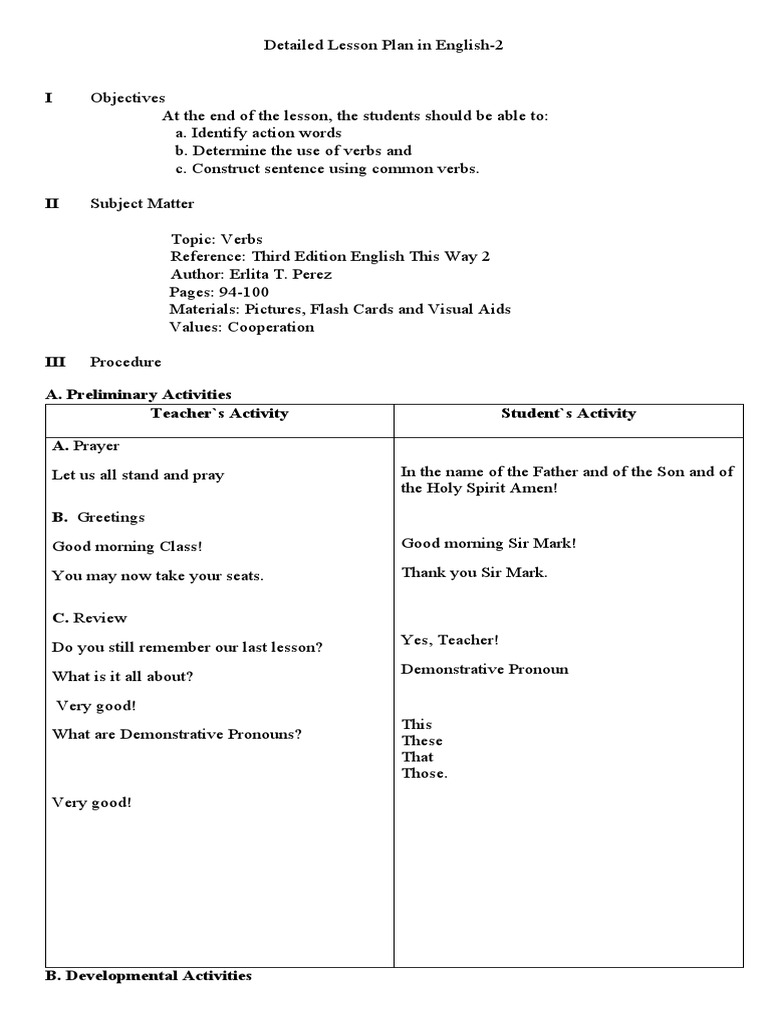 Detailed English Lesson Plan on Verbs | PDF | Subject (Grammar ...