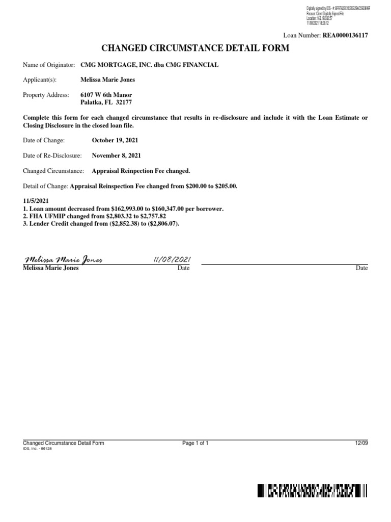 Changed Circumstance Detail Form and Closing Disclosure Documenting an