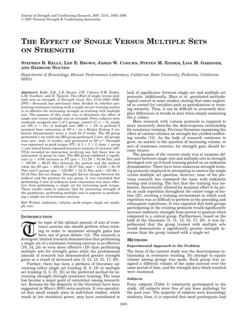 The Effect of Single Versus Multiple Sets Analysis Of Variance Strength Training
