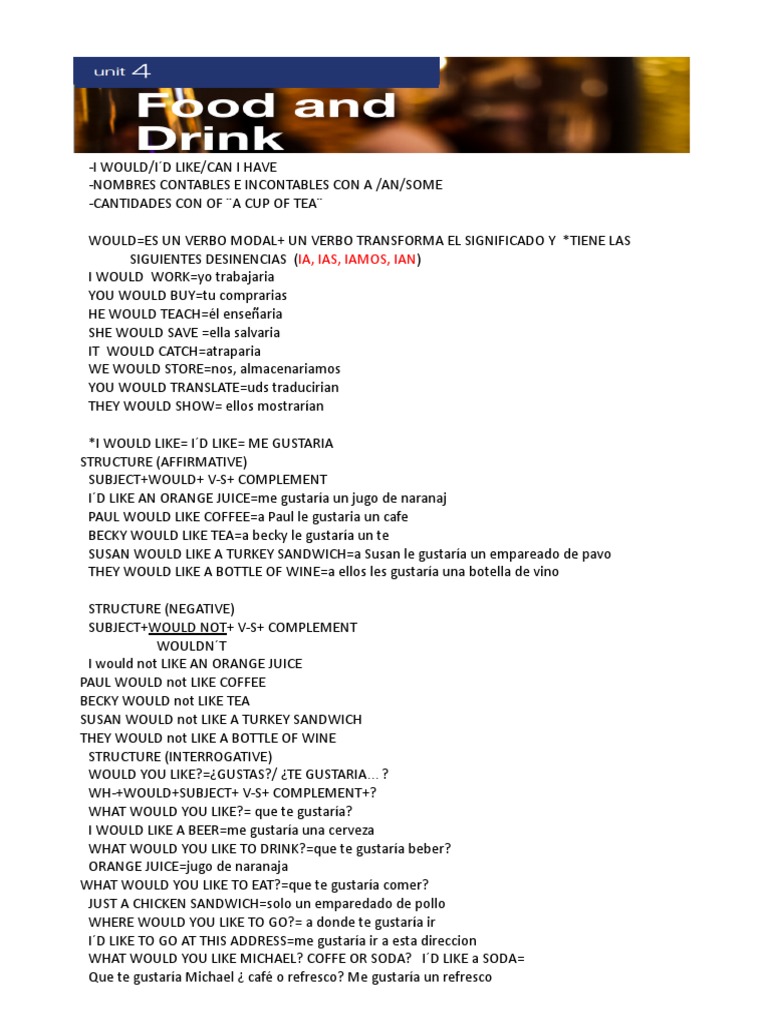 Unit 4 Food And Drink Pdf Foods Cuisine