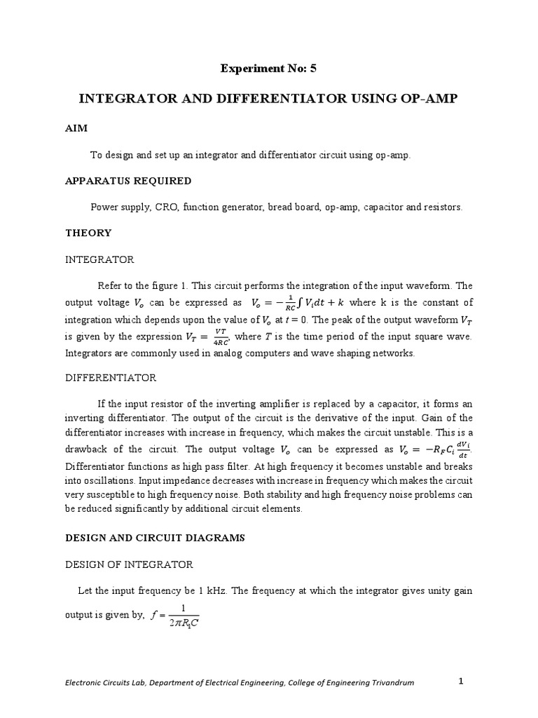 Op-Amp Integrator and Differentiator Lab | PDF | Operational Amplifier ...