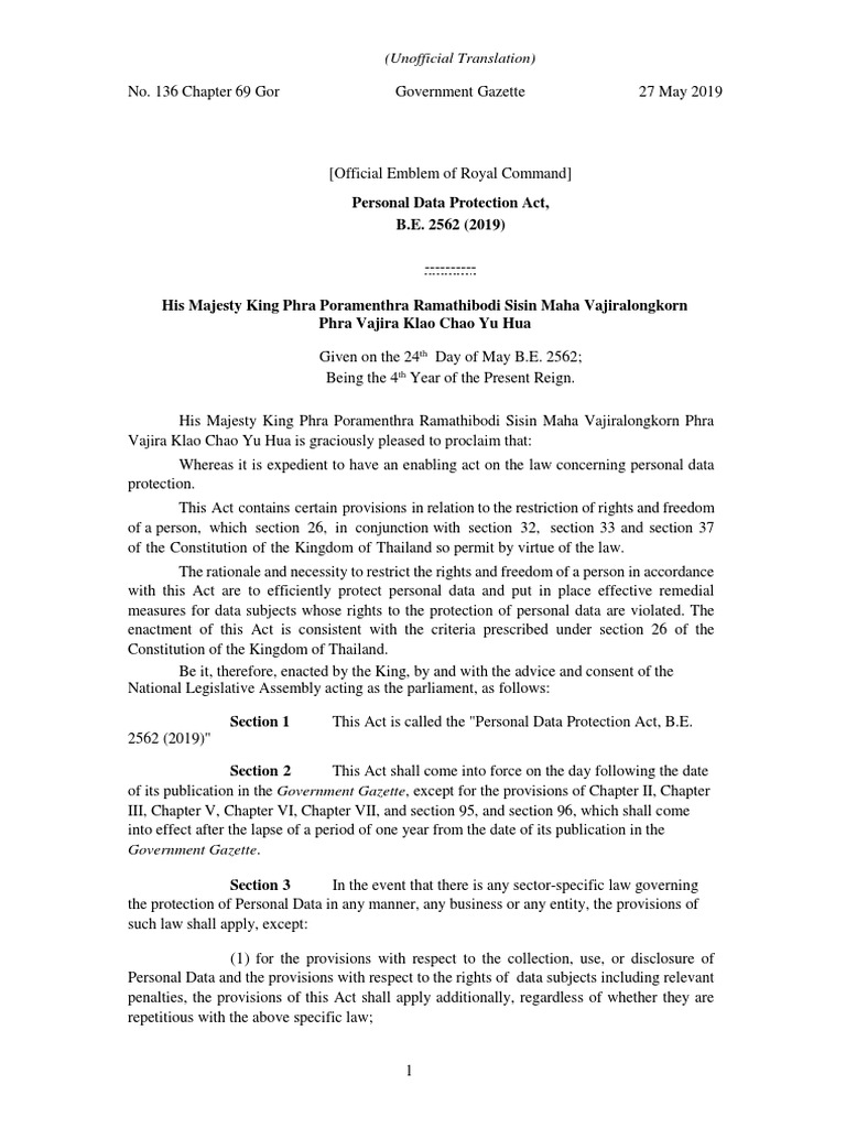 Personal Data Protection Act, B.E. 2562 (2019) (Unofficial