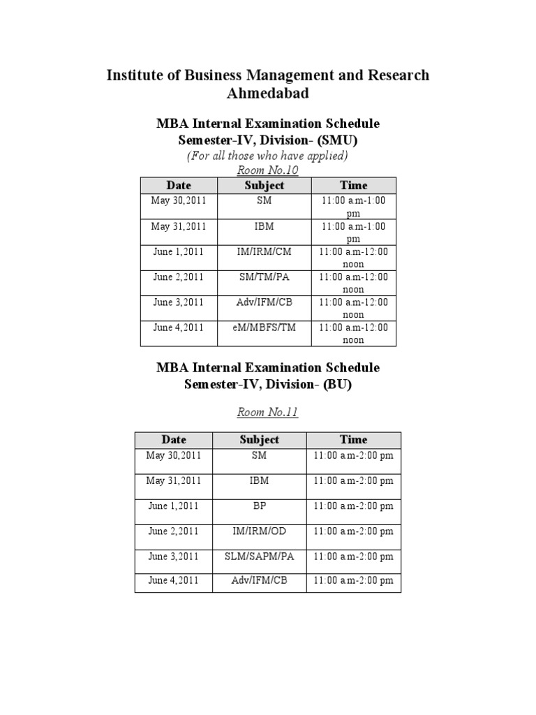 Exam Schedule BU SMU PDF