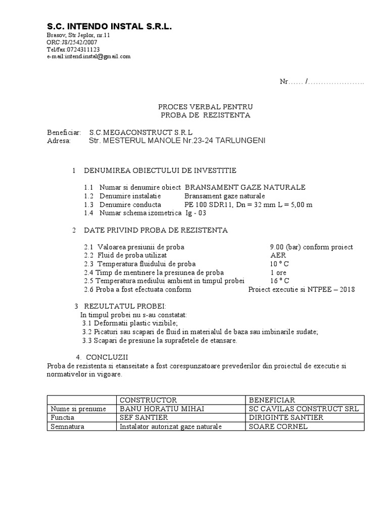 PROCES VERBAL PENTRU PROBA DE REZISTENTA-2 Buc | PDF