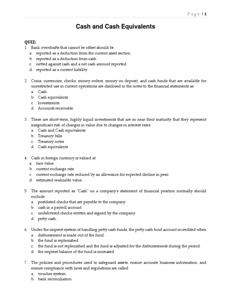 Quiz Cash and Cash Equivalents (3.3.22) PDF Cash And Cash