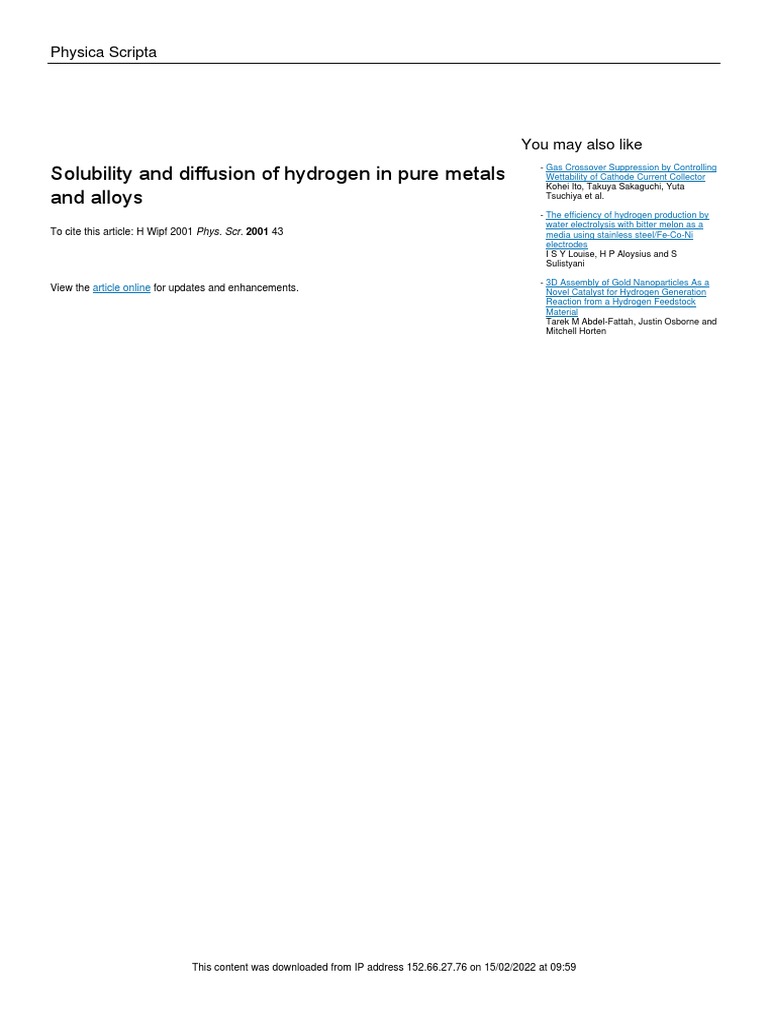 Hydrogen Solubility in Metals and Alloys | PDF | Gases | Hydride
