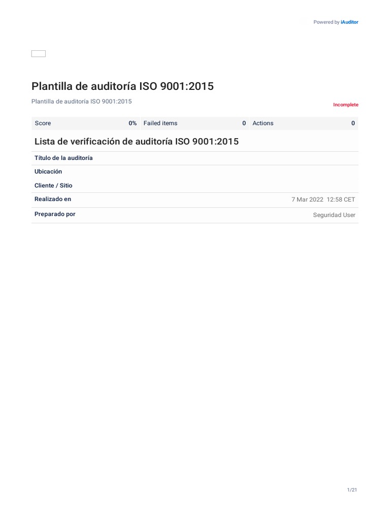Plantilla de Auditoría ISO 9001 2015 | PDF | Calidad (comercial) | Diseño