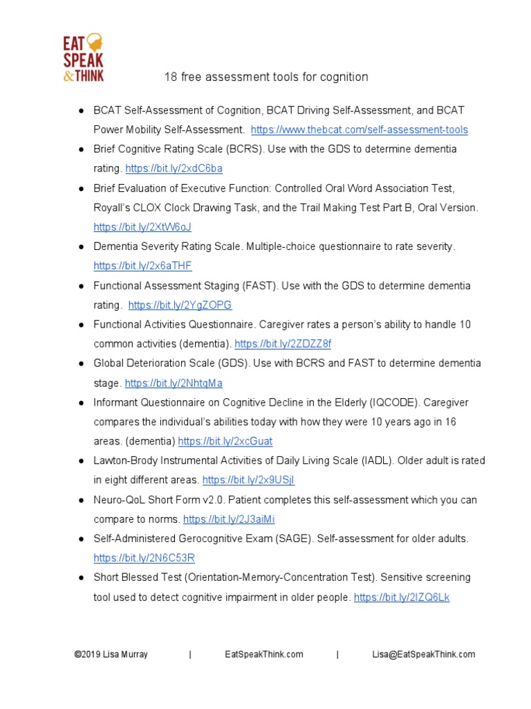 18 Assessment Tools For Cognition Pdf Dementia Cognition