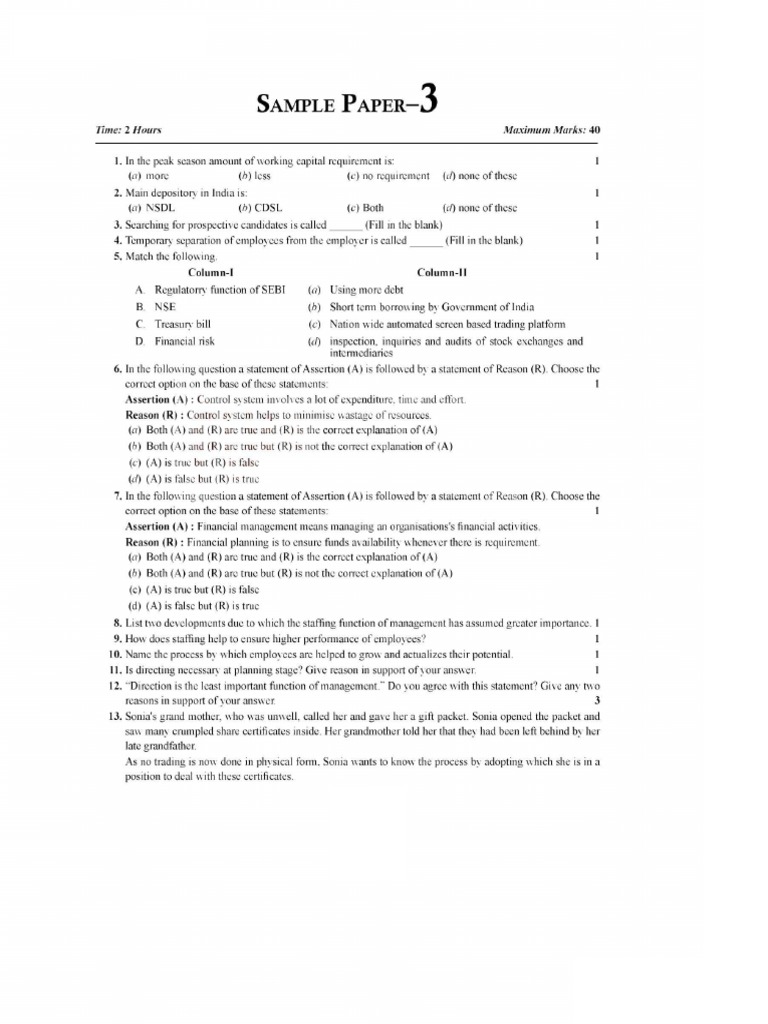 Business Studies Extra Sample Paper 3 | PDF