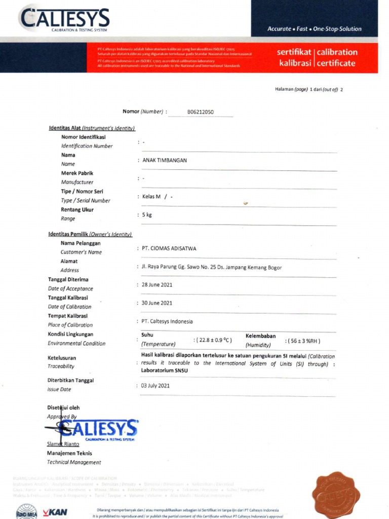 Caltesys Kalibrasi Anak Timbangan 5kg 2021 Pdf