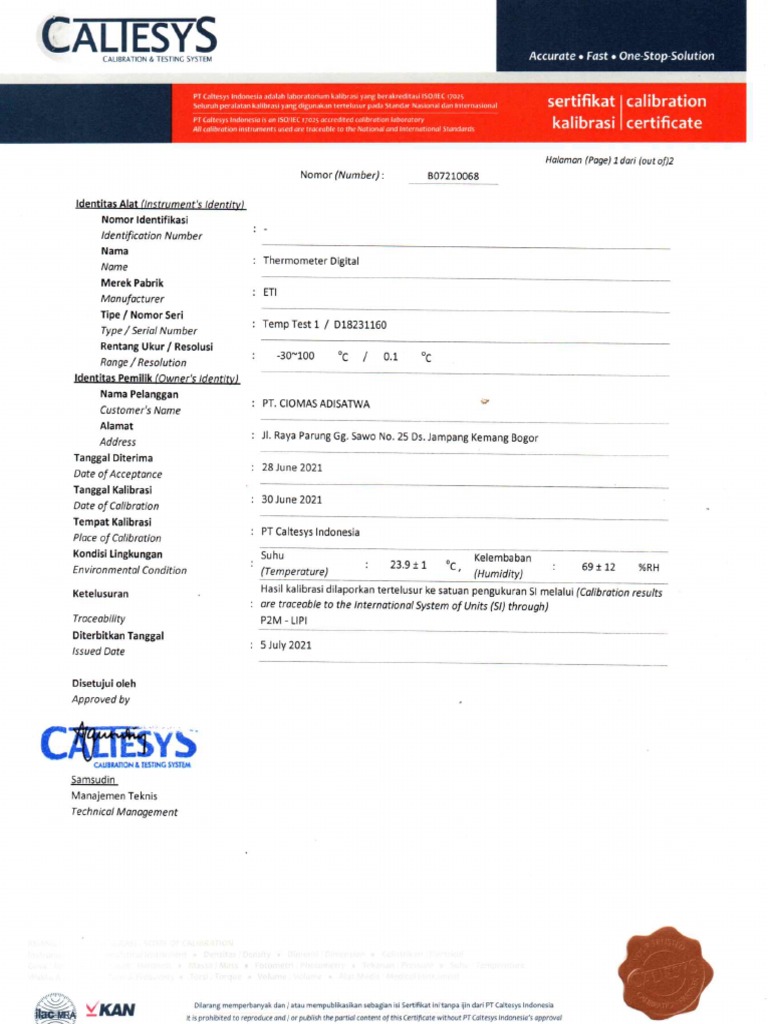 Caltesys Kalibrasi Thermometer Digital Eti Temp Test 1 D18231160